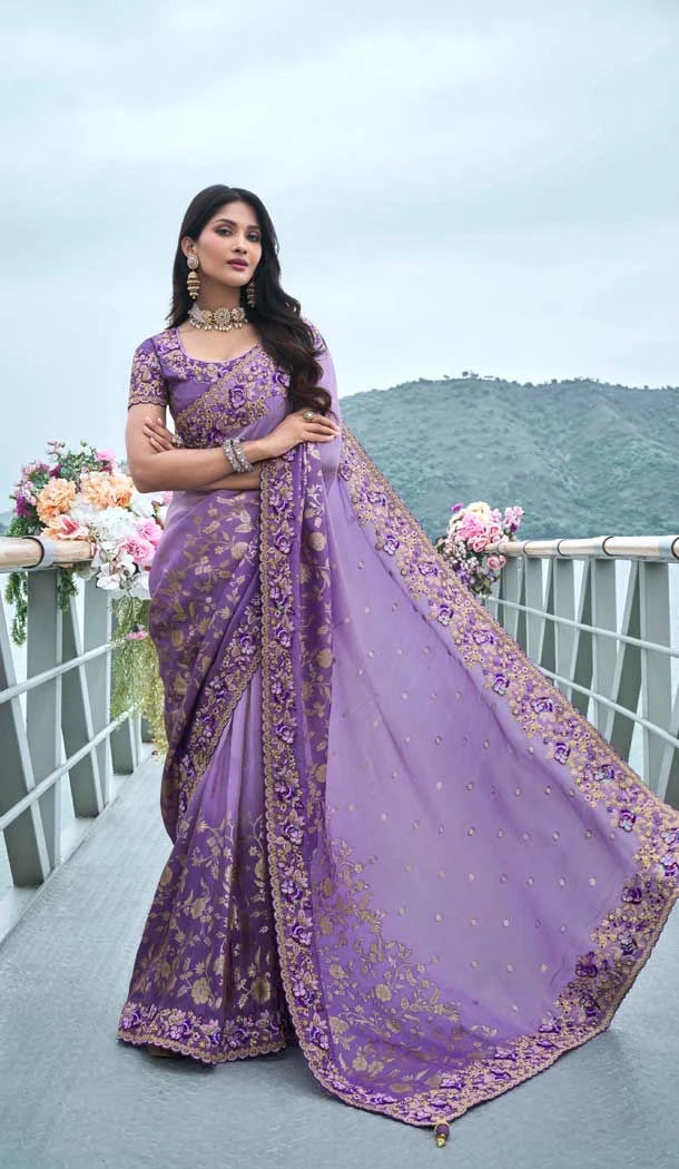 Dark Lavender Tissue Silk Resham Work Wedding Wear Saree - 10616195065