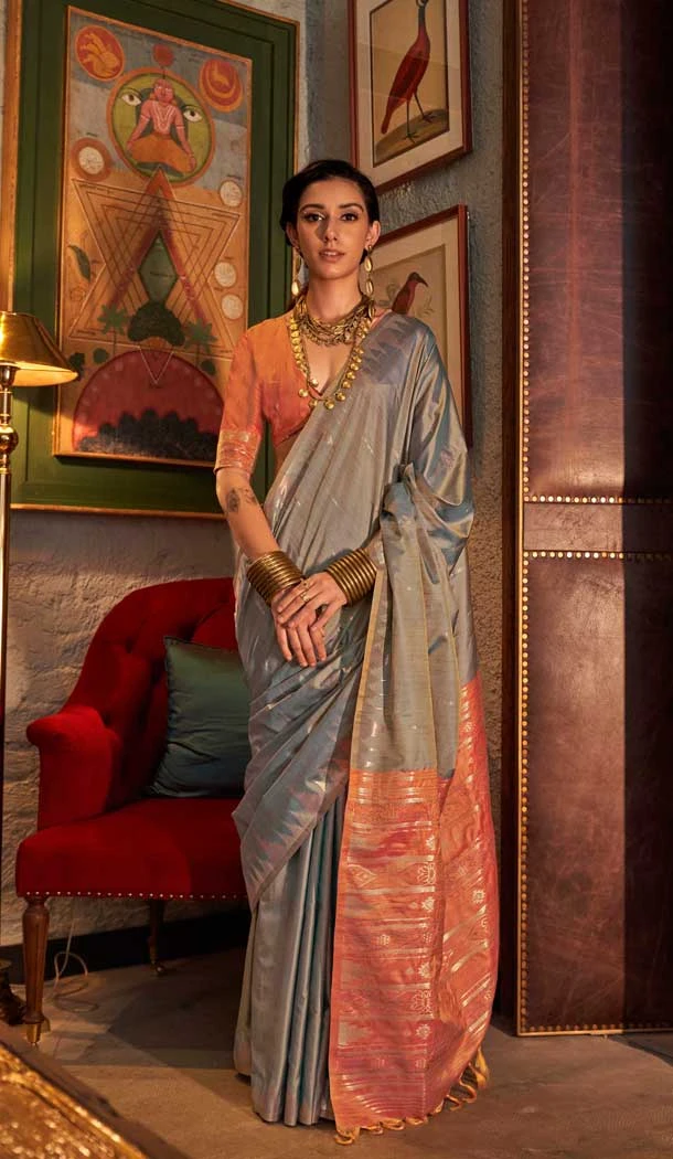 Tussar Silk Zari Work Traditional Wear Saree In Grey - 10617195066