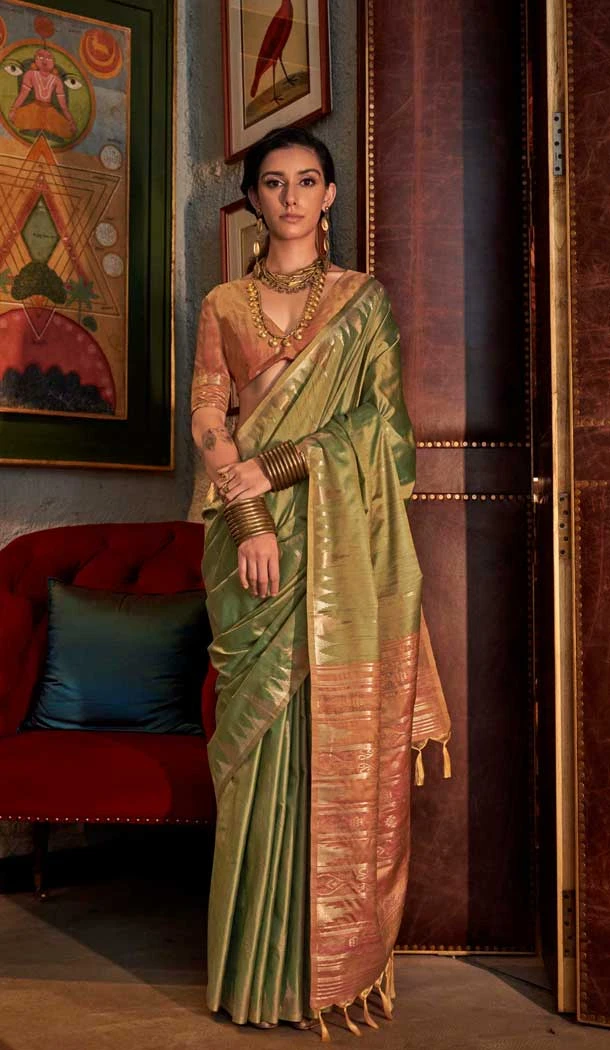 Tussar Silk Zari Work Traditional Wear Saree In Mehendi Green - 10617195068