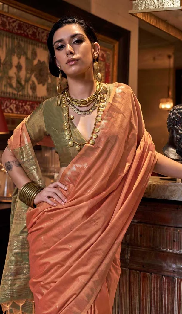 Tussar Silk Zari Work Traditional Wear Saree In Peach - 10617195069