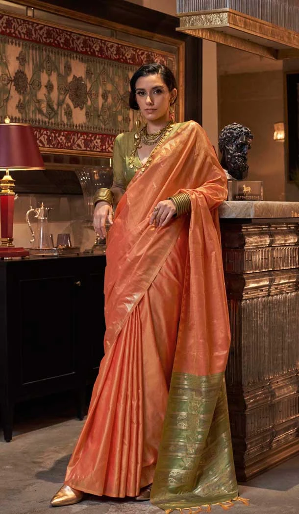 Tussar Silk Zari Work Traditional Wear Saree In Peach - 10617195069