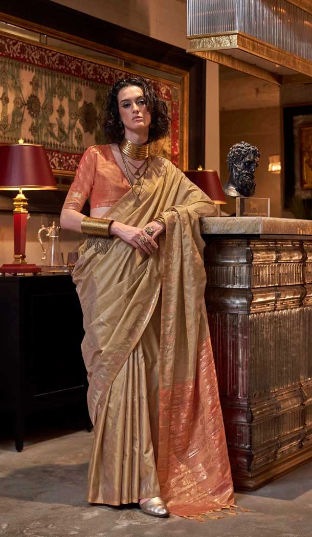 Tussar Silk Zari Work Traditional Wear Saree In Beige - 10617195070