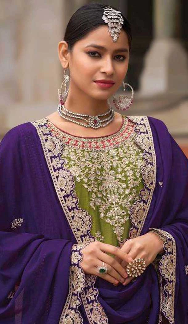 Chinon Sequence Work Readymade Palazzo Salwar Suit In Mehendi Green - 10634195157