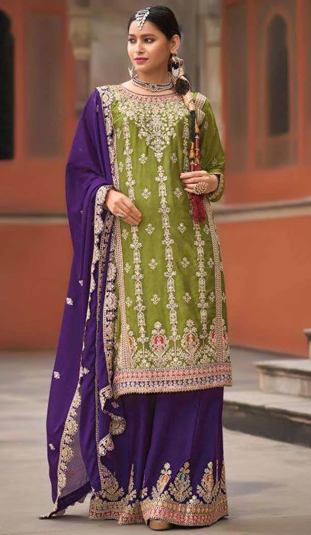 Chinon Sequence Work Readymade Palazzo Salwar Suit In Mehendi Green - 10634195157