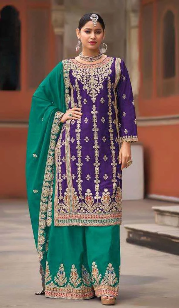 Chinon Sequence Work Readymade Palazzo Salwar Suit In Purple - 10634195158