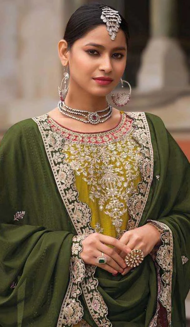 Chinon Sequence Work Readymade Palazzo Salwar Suit In Mustard - 10634195159