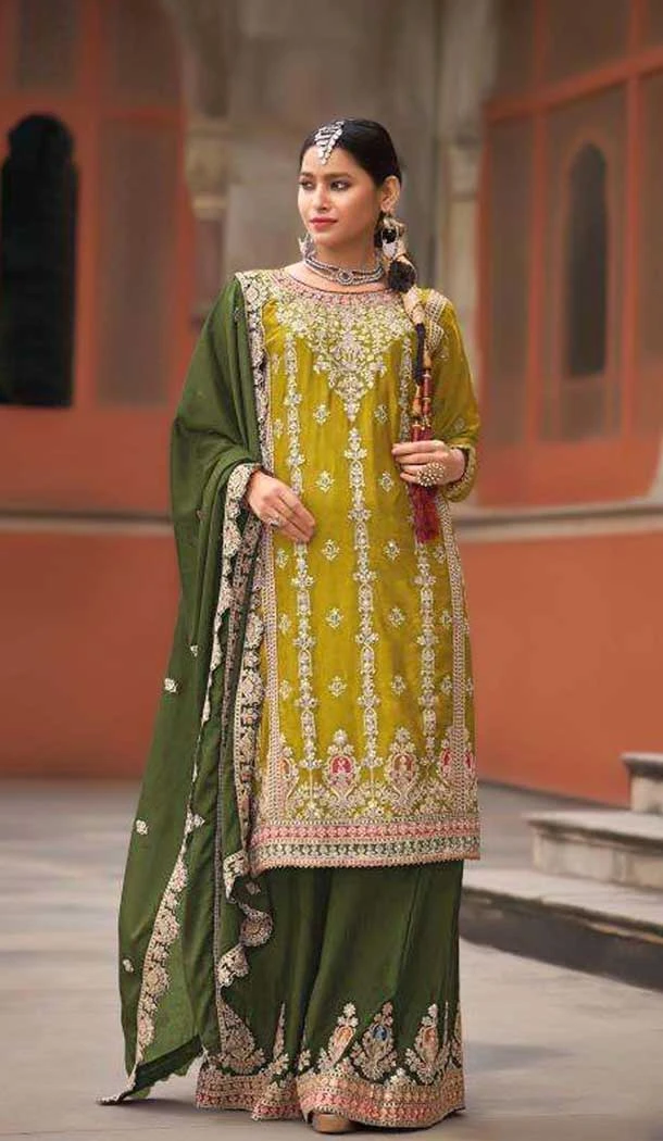 Chinon Sequence Work Readymade Palazzo Salwar Suit In Mustard - 10634195159