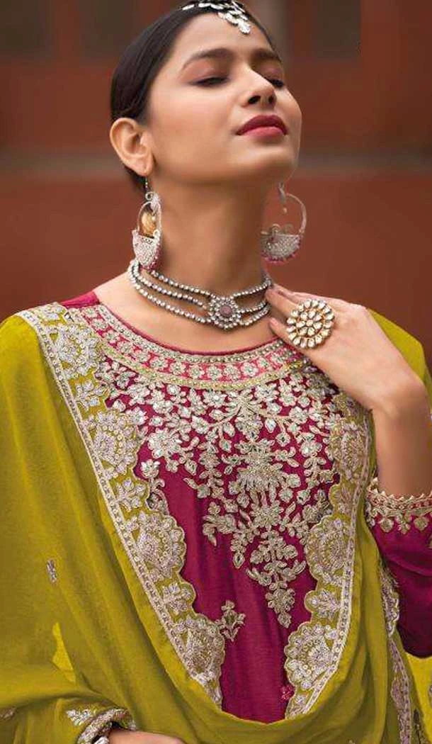 Chinon Sequence Work Readymade Palazzo Salwar Suit In Rani Pink - 10634195160