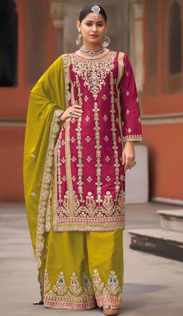 Chinon Sequence Work Readymade Palazzo Salwar Suit In Rani Pink - 10634195160