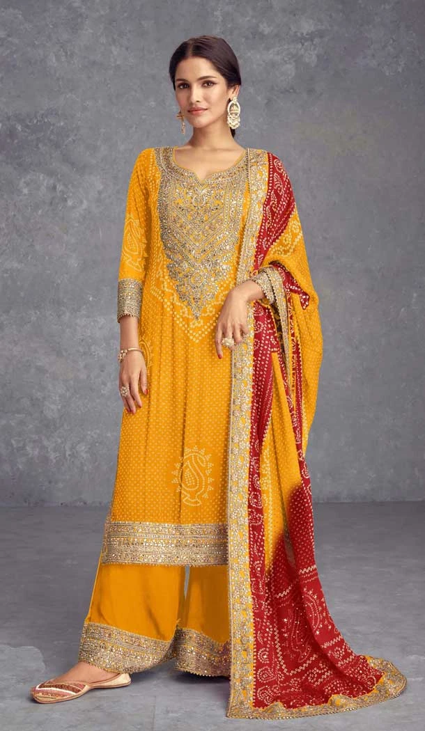 Yellow Chinon Silk Embroidered Party Wear Palazzo Suit - 10635195161