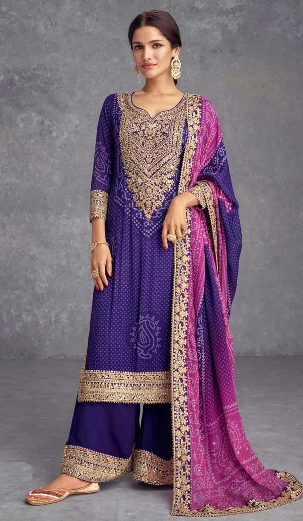 Purple Chinon Silk Embroidered Party Wear Palazzo Suit - 10635195162