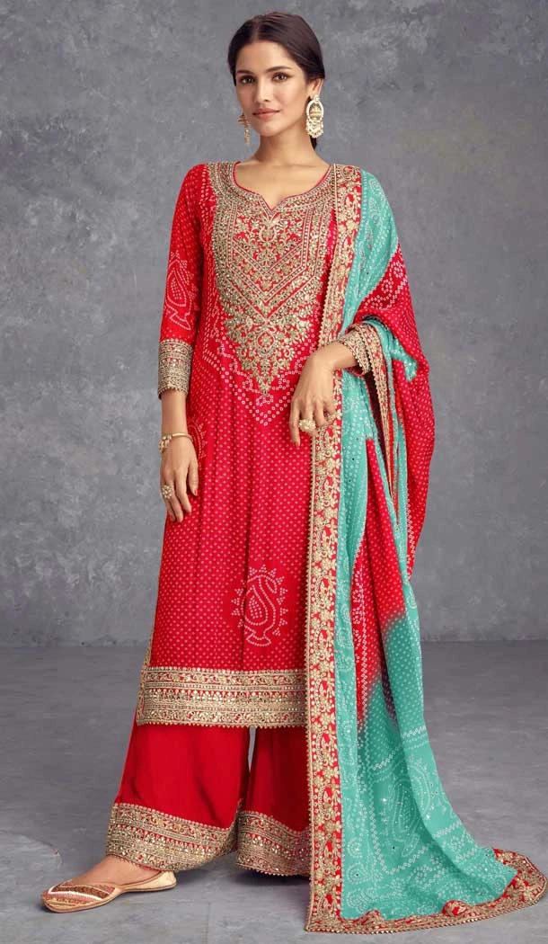 Red Chinon Silk Embroidered Party Wear Palazzo Suit - 10635195163