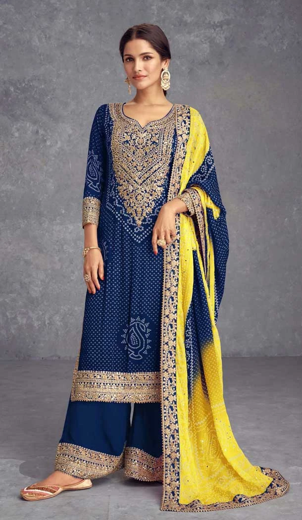 Navy Blue Chinon Silk Embroidered Party Wear Palazzo Suit - 10635195164