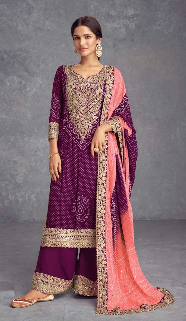 Wine Chinon Silk Embroidered Party Wear Palazzo Suit - 10635195165