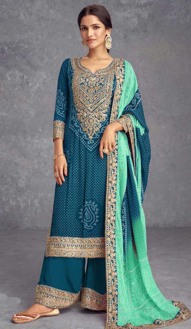 Teal Blue Chinon Silk Embroidered Party Wear Palazzo Suit - 10635195166