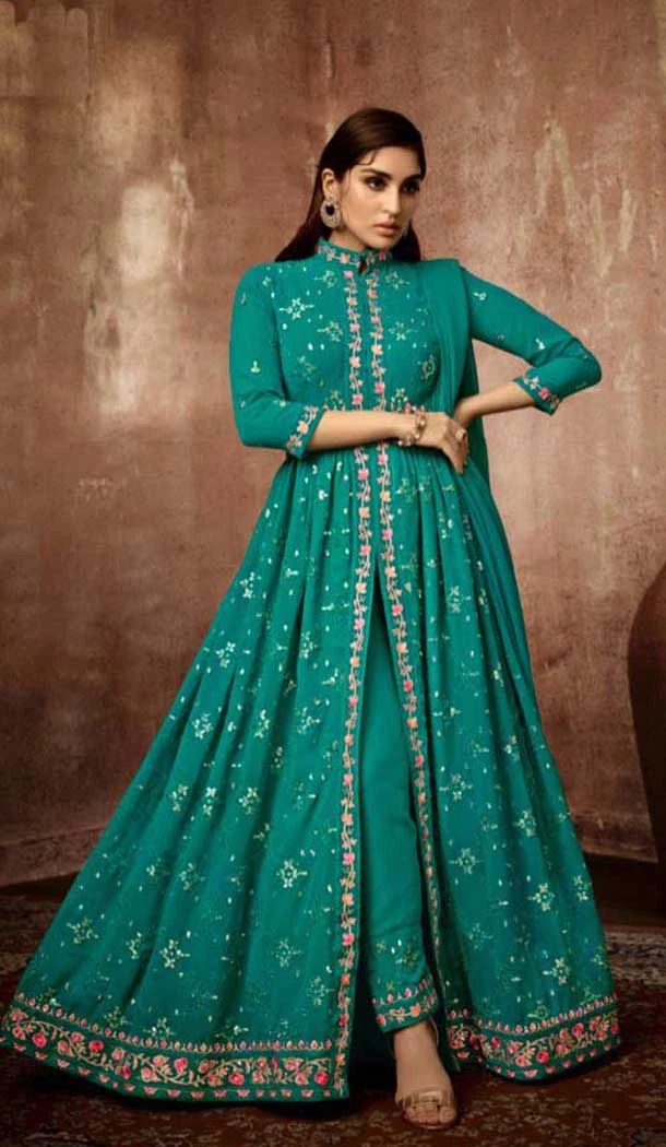 Mint Green Georgette Resham Work Party Wear Gown With Dupatta - 10637195171
