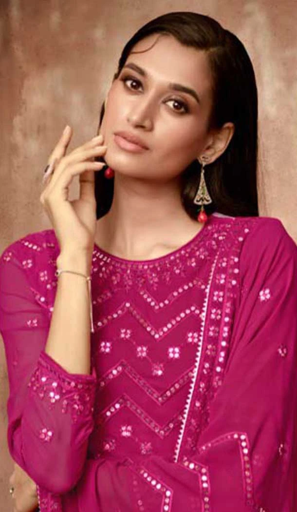 Rani Pink Georgette Sequence Work Party Wear Gown With Dupatta - 10637195172