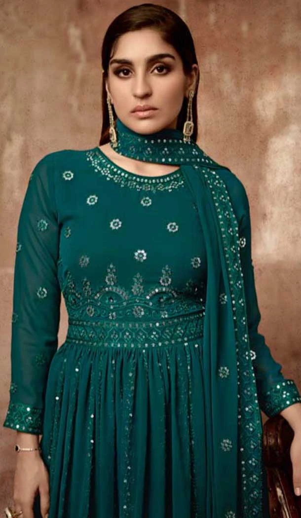 Teal Blue Georgette Sequence Work Party Wear Gown With Dupatta - 10637195173