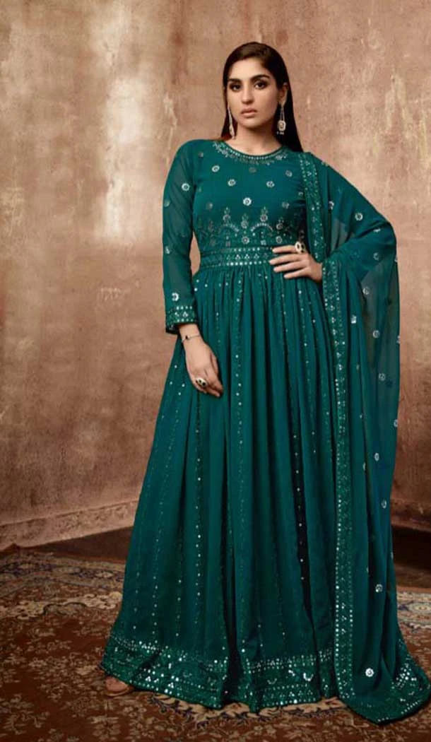 Teal Blue Georgette Sequence Work Party Wear Gown With Dupatta - 10637195173
