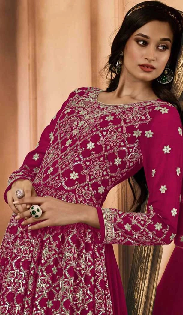 Rani Pink Georgette Resham Work Party Wear Gown With Dupatta - 10637195175