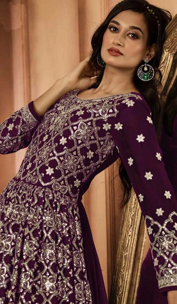 Wine Georgette Resham Work Party Wear Gown With Dupatta - 10637195176
