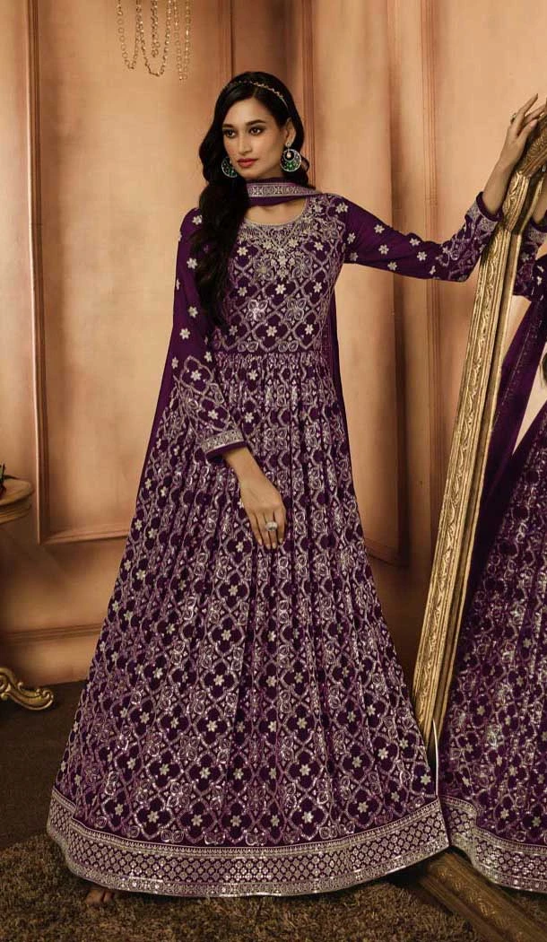 Wine Georgette Resham Work Party Wear Gown With Dupatta - 10637195176