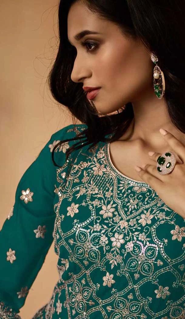 Rama Blue Georgette Resham Work Party Wear Gown With Dupatta - 10637195177