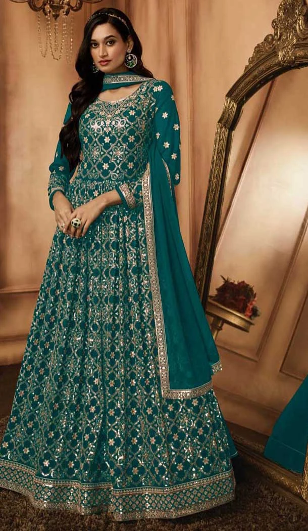 Rama Blue Georgette Resham Work Party Wear Gown With Dupatta - 10637195177