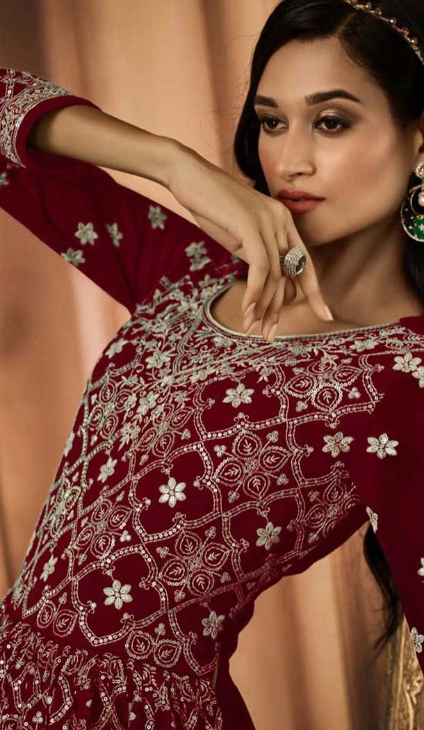 Maroon Georgette Resham Work Party Wear Gown With Dupatta - 10637195178