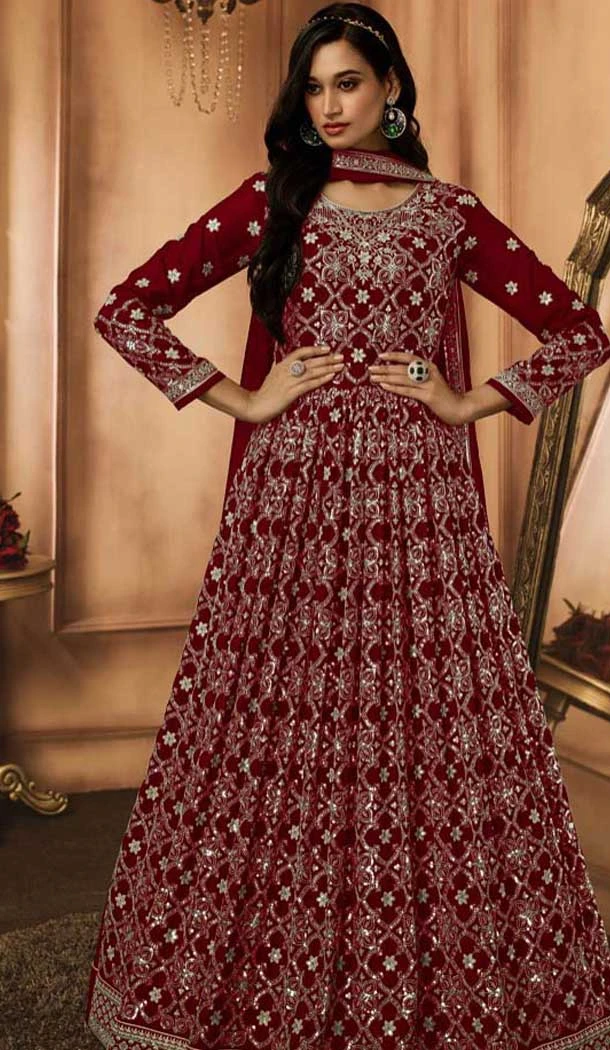 Maroon Georgette Resham Work Party Wear Gown With Dupatta - 10637195178