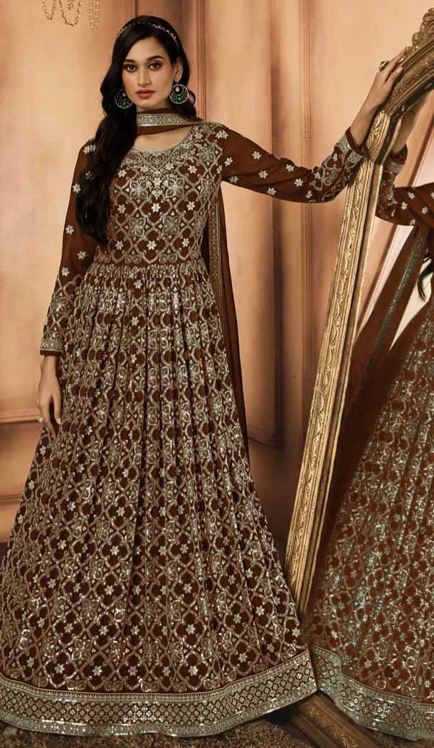 Coffee Georgette Resham Work Party Wear Gown With Dupatta - 10637195179