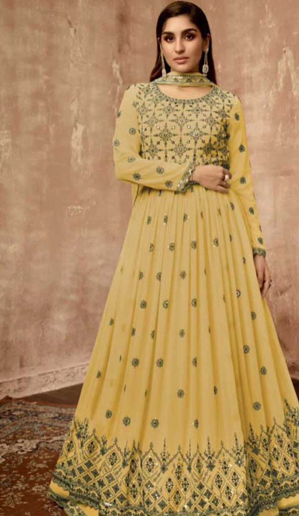 Light Yellow Georgette Sequence Work Party Wear Gown With Dupatta - 10637195181