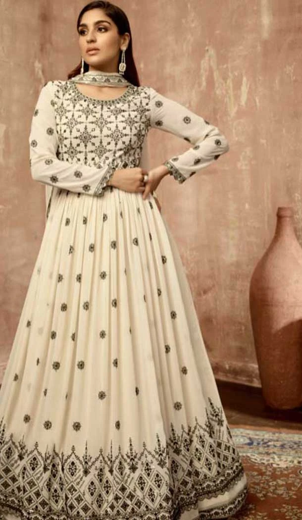 Off White Georgette Sequence Work Party Wear Gown With Dupatta - 10637195183
