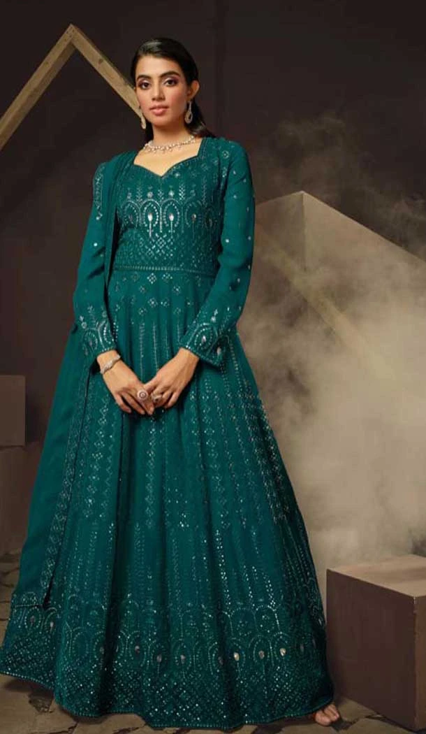 Georgette Sequence Work Party Wear Gown With Dupatta In Teal Blue - 10637195187