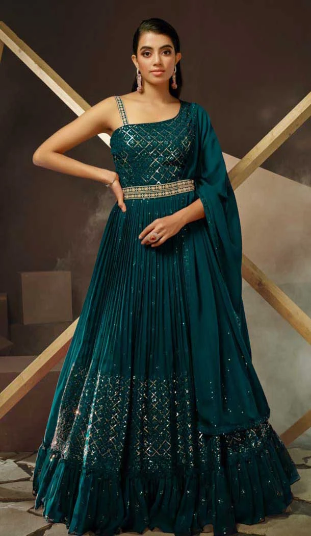 Teal Blue Thread Work Georgette Party Wear Gown With Dupatta - 10637195193