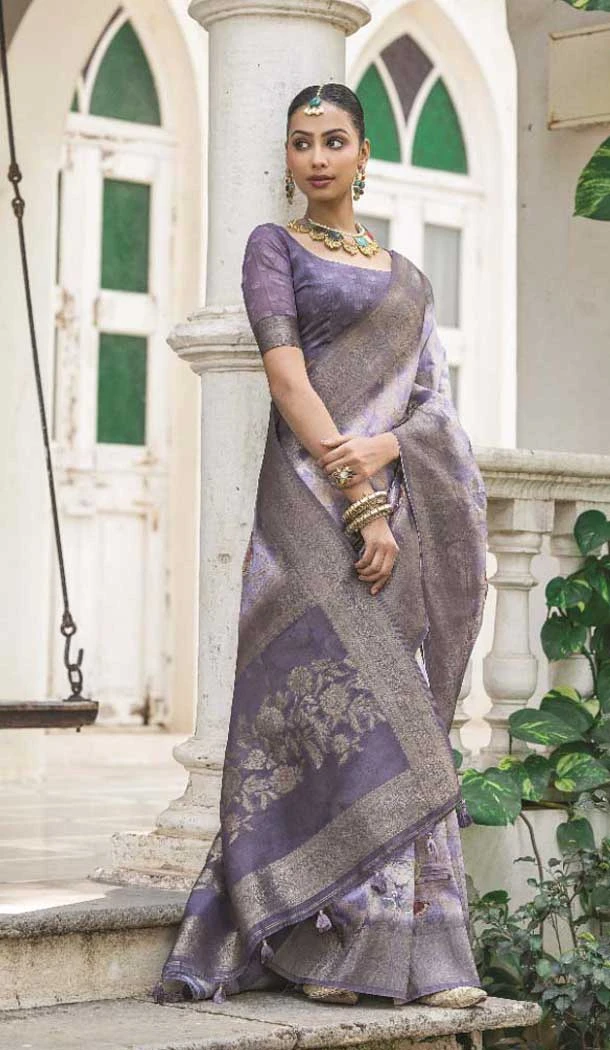 Silk Woven Zari Work Party Wear Saree In Light Purple - 10665195326