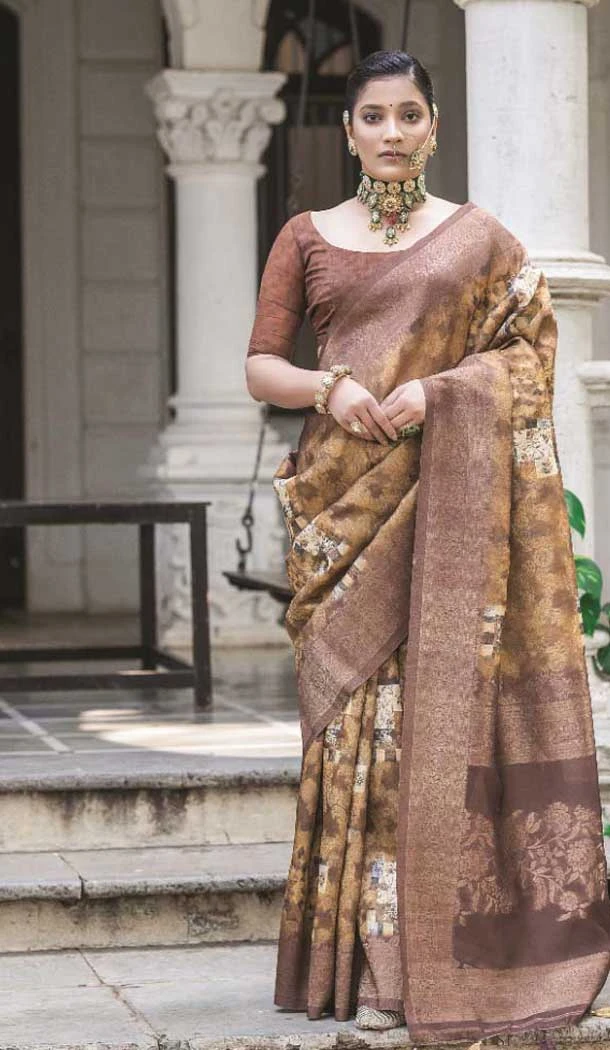 Silk Woven Zari Work Party Wear Saree In Toffee Brown - 10665195328