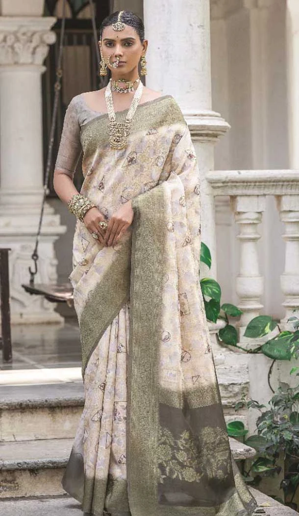 Silk Woven Zari Work Party Wear Saree In Ivory White - 10665195330