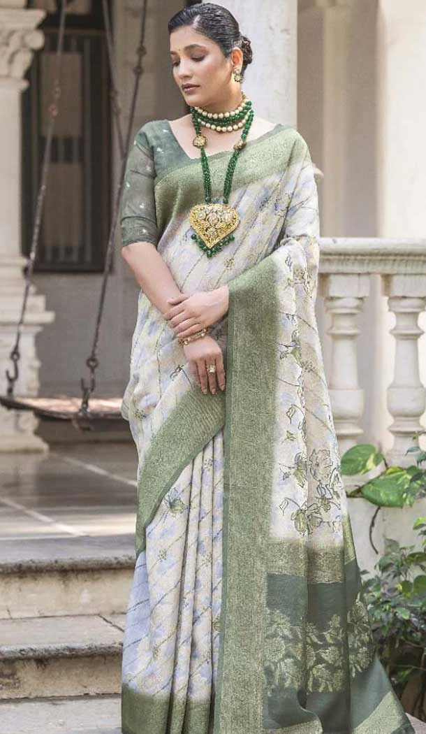 Silk Woven Zari Work Party Wear Saree In Bluish White - 10665195331