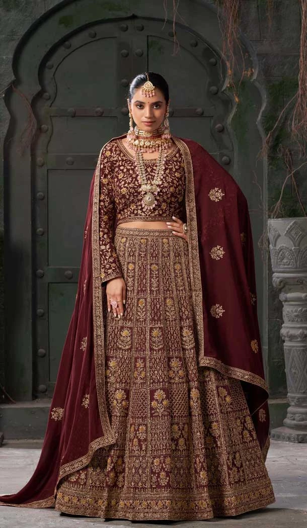 Georgette Sequins Work Wedding Wear Lehenga Choli In Maroon - 10686195451