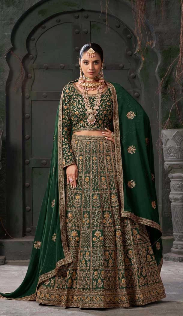 Georgette Sequins Work Wedding Wear Lehenga Choli In Bottle Green - 10686195452