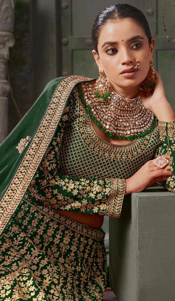 Bottle Green Georgette Sequins Work Wedding Wear Lehenga Choli - 10686195456