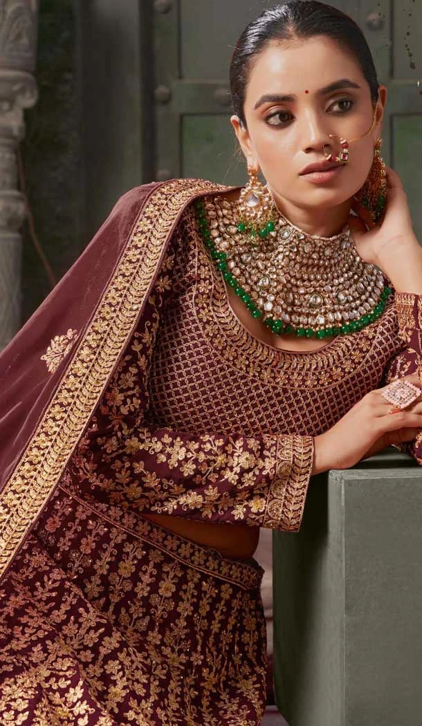 Maroon Georgette Sequins Work Wedding Wear Lehenga Choli - 10686195457