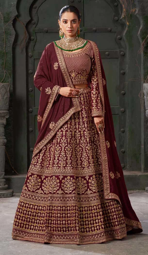 Maroon Georgette Sequins Work Wedding Wear Lehenga Choli - 10686195457