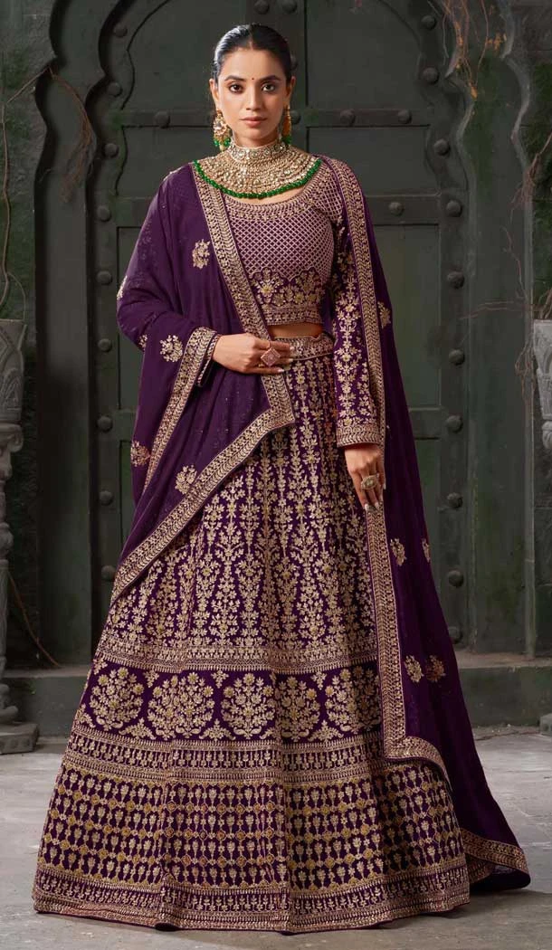Wine Georgette Sequins Work Wedding Wear Lehenga Choli - 10686195458