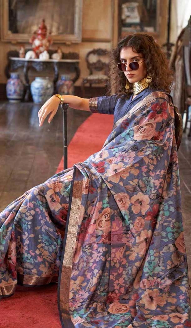 Viscose Mulai Silk Printed Party Wear Saree In Multi Color - 10687195459