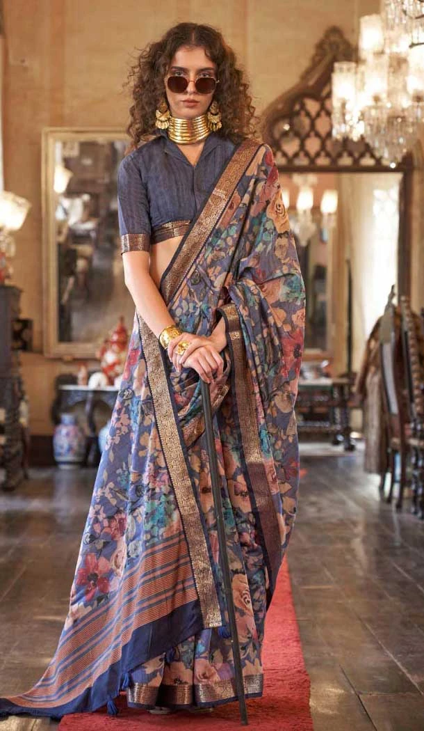 Viscose Mulai Silk Printed Party Wear Saree In Multi Color - 10687195459
