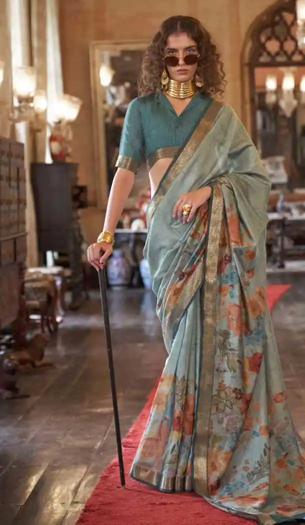 Viscose Mulai Silk Printed Party Wear Saree In Aqua Blue - 10687195460