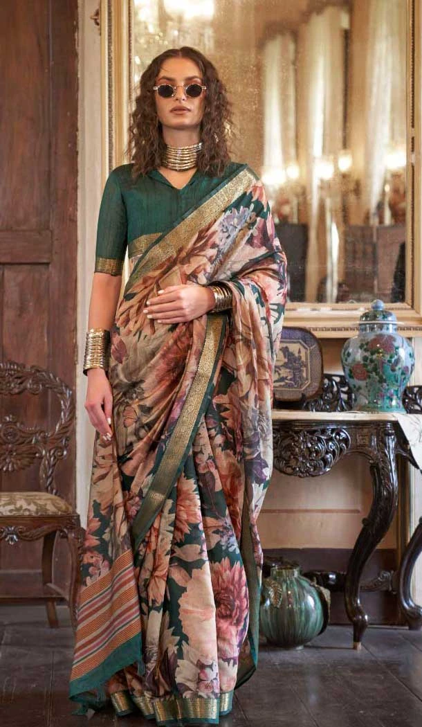 Multi Color Viscose Mulai Silk Printed Party Wear Saree - 10687195461