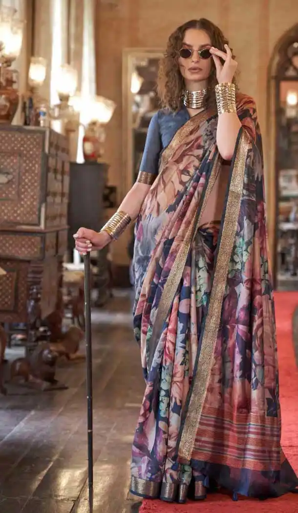 Party Wear Viscose Mulai Silk Printed Saree In Multi Color - 10687195462